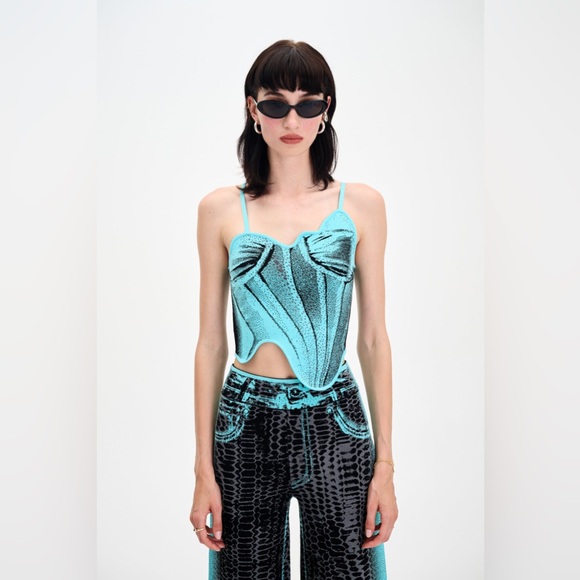 PH5 Tops - NWT PH5 Camellia Denim Print Tank Top Knit Corset Asymmetrical Blue Black Medium